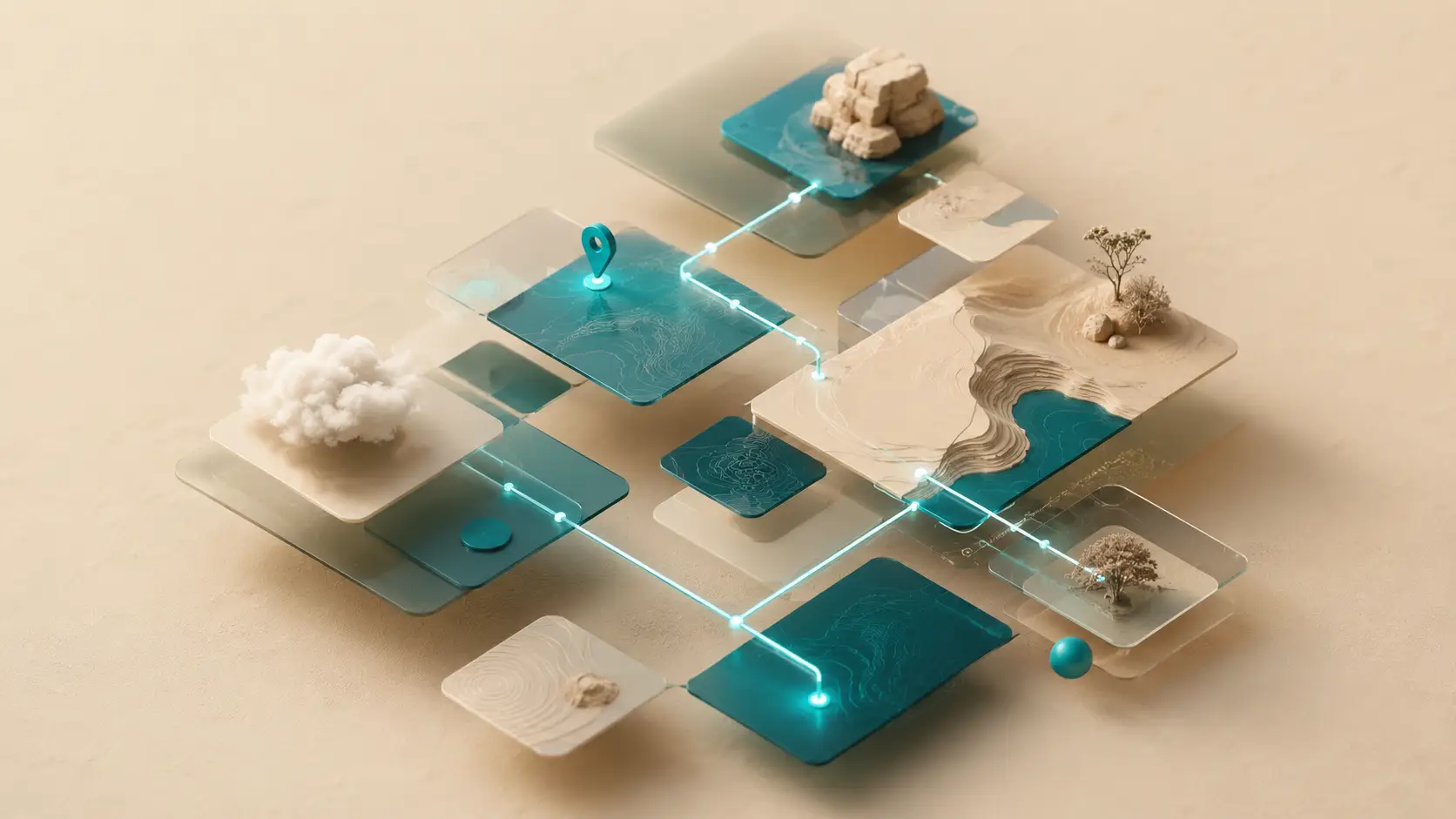 Isometric 3D scene with clear interface paths and strong visual hierarchy.